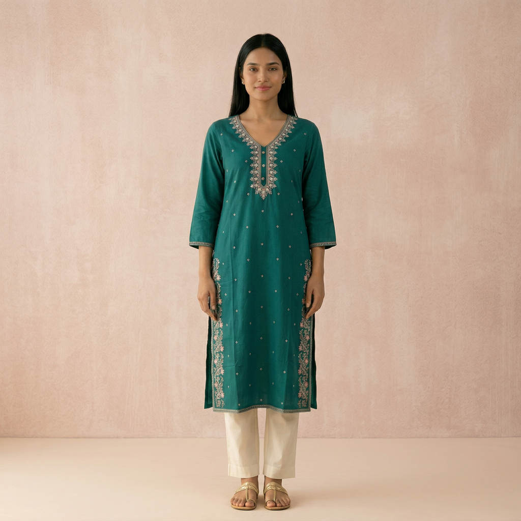 Mustard Yellow & Teal Green Soft Fabric Top with Embroidery Work
