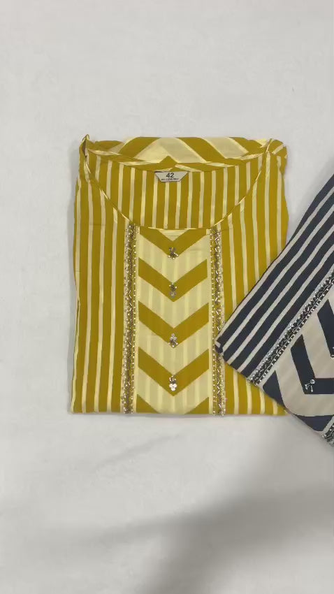 Golden Yellow & Navy Blue Pure Cotton Chudidhar Set with Traditional Embroidery