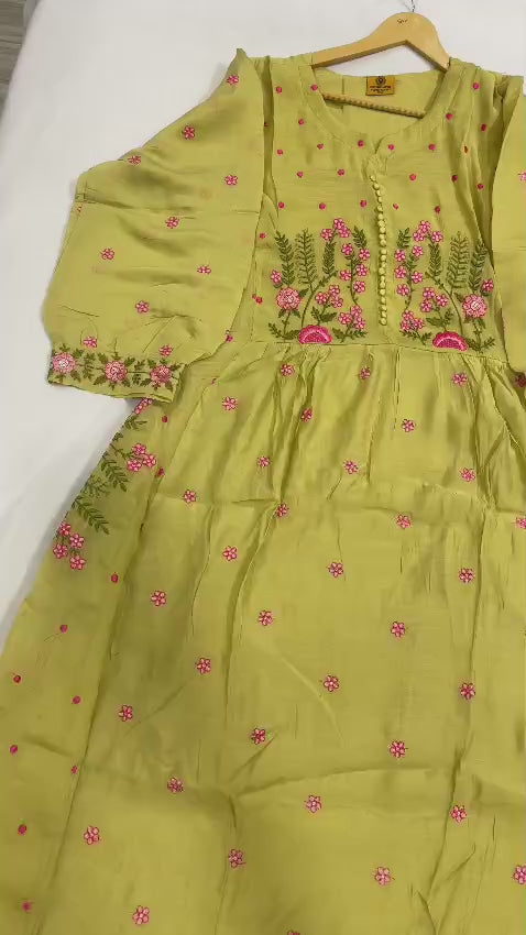 Pista Green Mul Chanderi Chudidhar Set with Embroidery Work