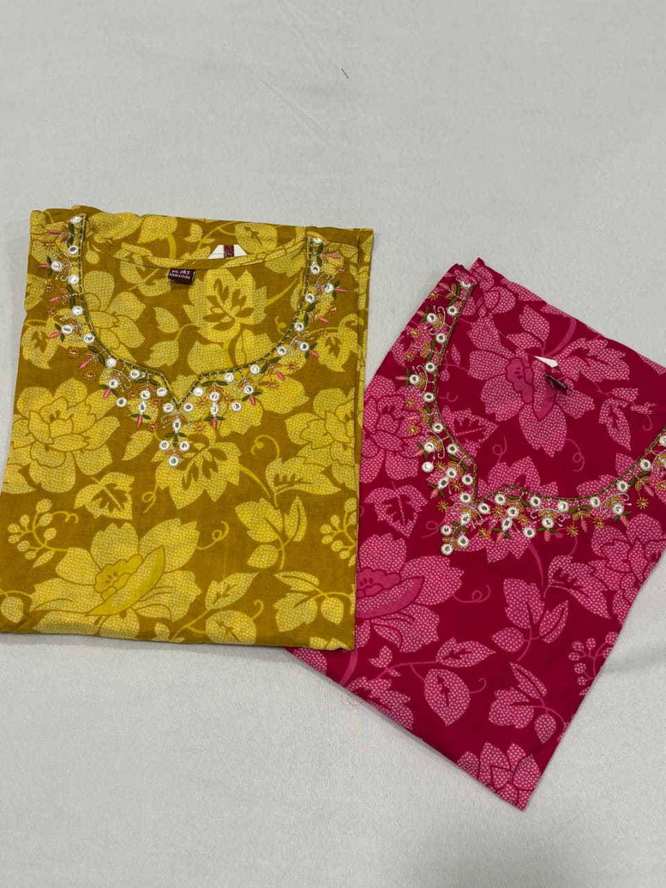 Mustard & Pink Pure Cotton Chudidhar Set with Dual Tone Embroidery
