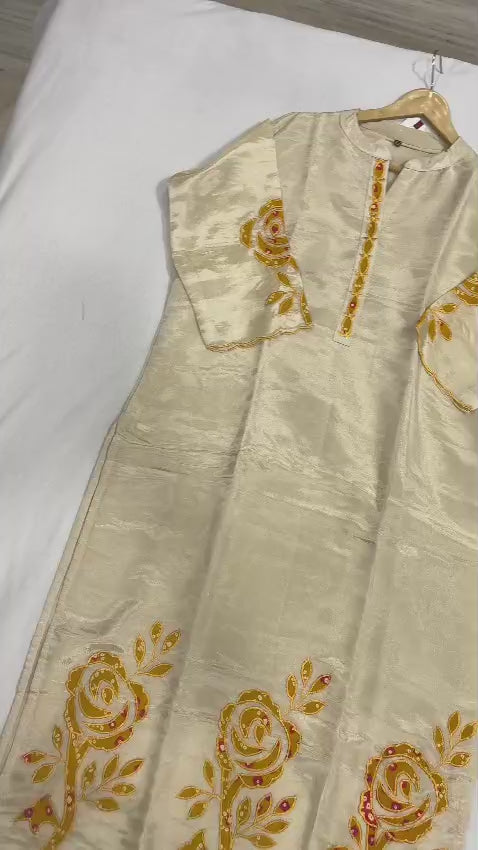 Cream Premium Tissue Chudidhar Set with Embroidery & Organza Dupatta