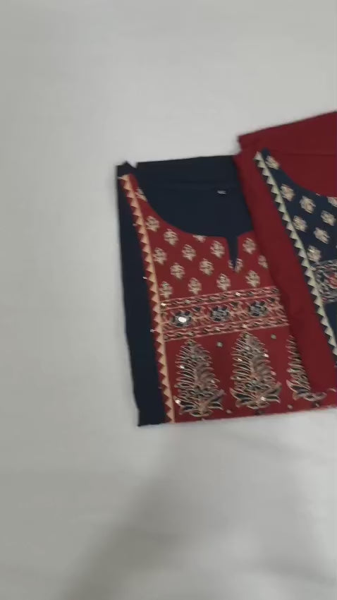 Maroon & Dark Blue Pure Cotton Embroidered Chudidhar – Festive Edition