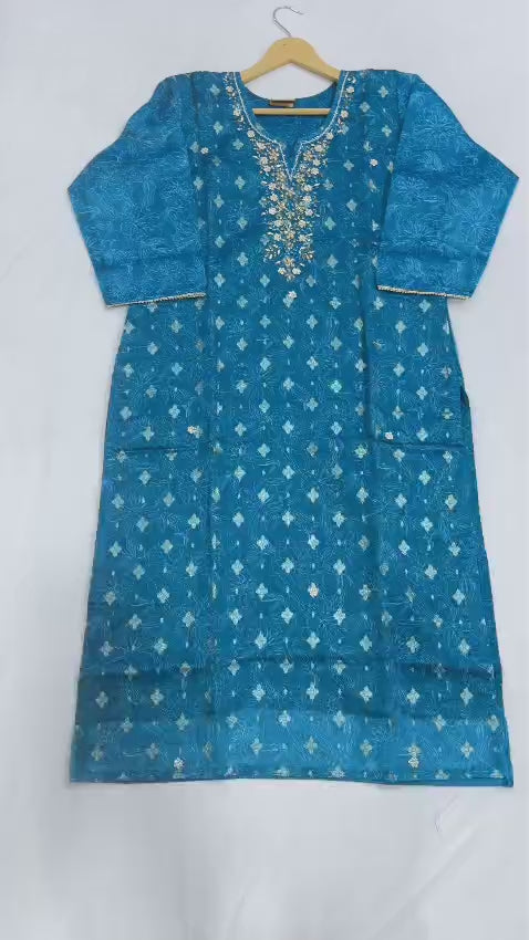 Teal Blue Premium Tissue Chudidhar Set with Embroidery & Organza Dupatta