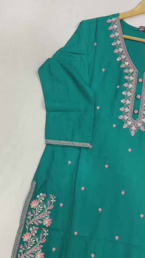 Mustard Yellow & Teal Green Soft Fabric Top with Embroidery Work