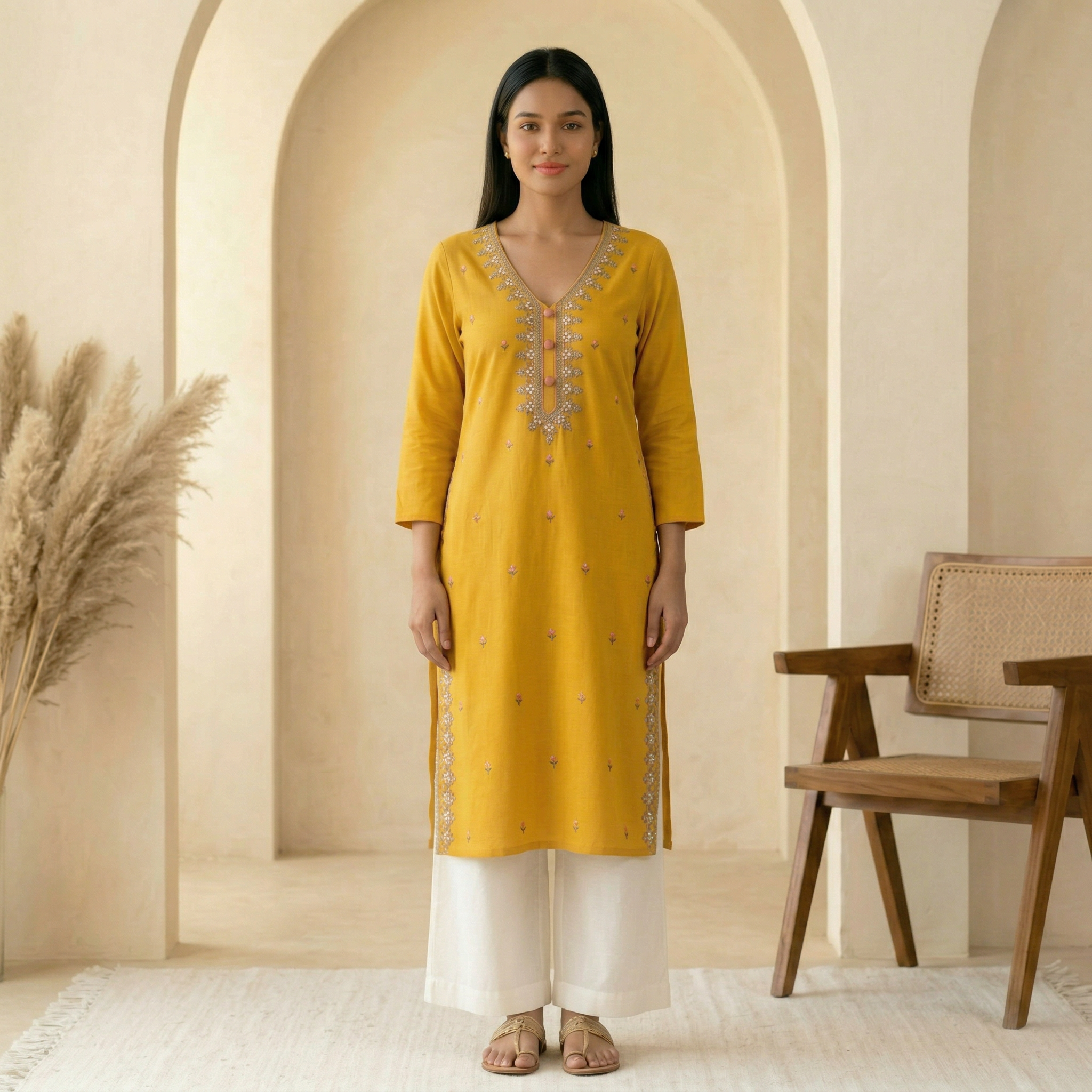 Mustard Yellow & Teal Green Soft Fabric Top with Embroidery Work